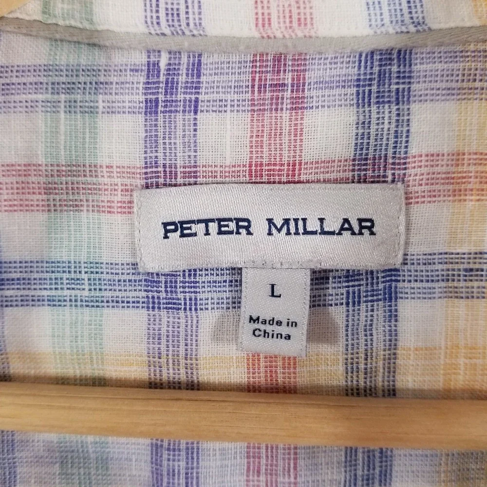 Peter Millar Shirt Mens Large White Colorful Plaid Crown Hammock Sport Linen